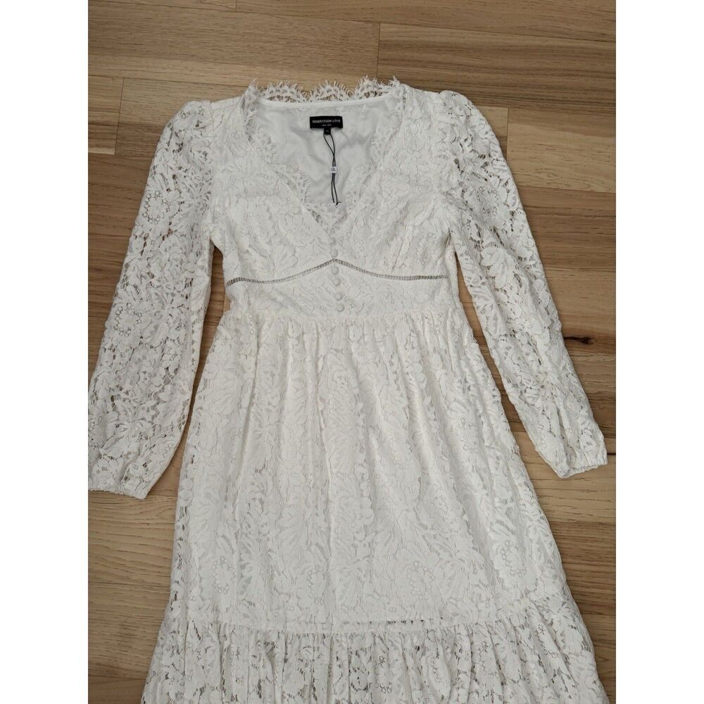 Generation Love White Lace Midi Dress V-Neck Long Sleeve Bridal XS New - Picture 10 of 13